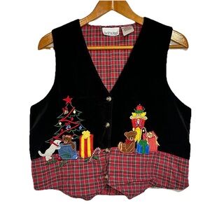 Vintage Casey & Max Velour Plaid Christmas Vest Holiday Festive Grannycore Sz L